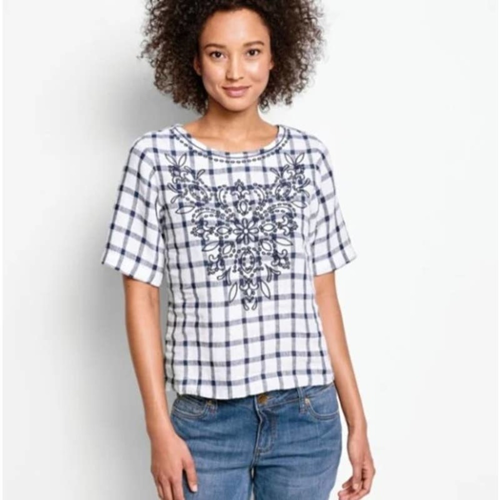 Orvis White & Blue Gingham Plaid Embroidered 100% Linen Short Sleeve Top Sz L